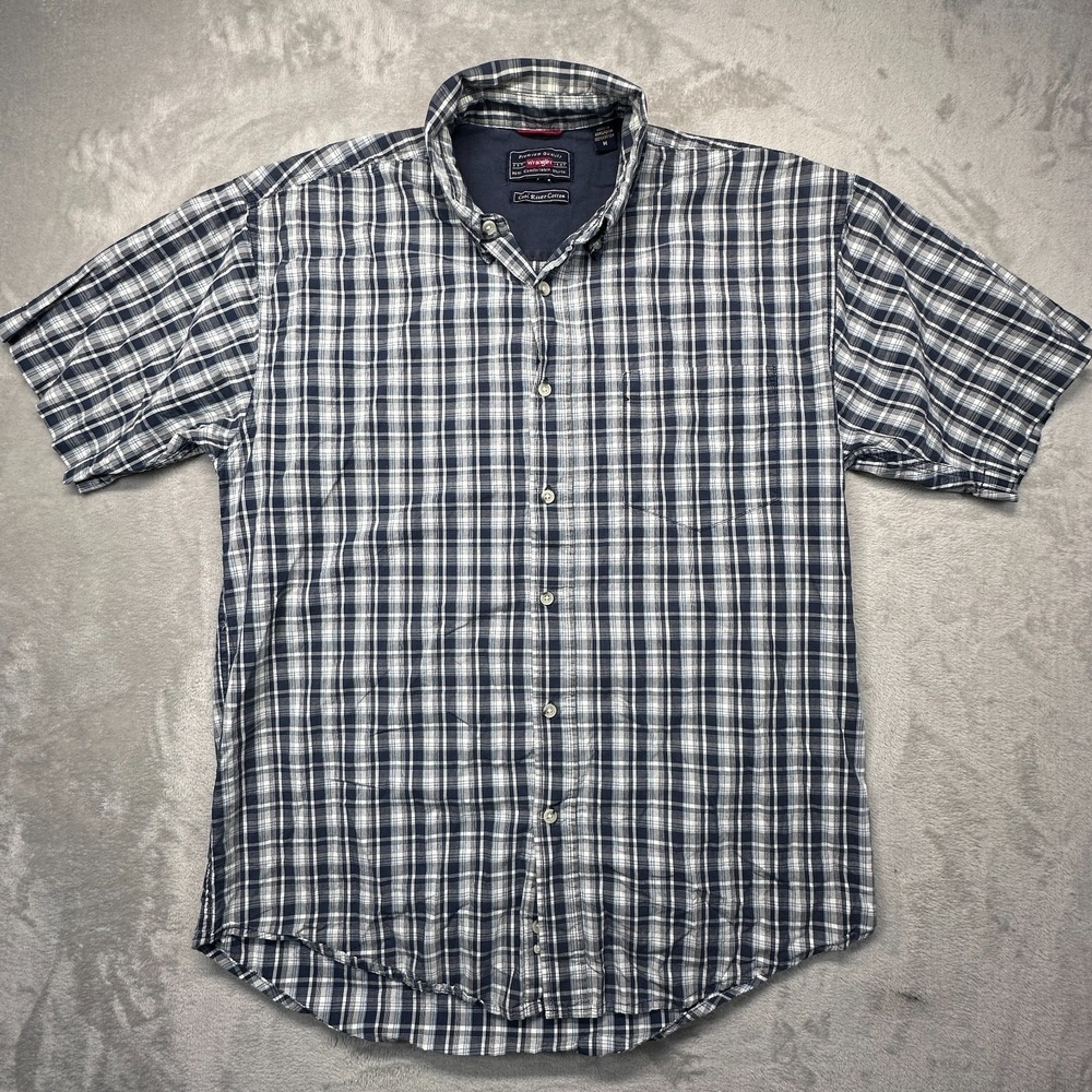 Wrangler Western Mens Medium Blue White Plaid Cool River Cotton Button Down